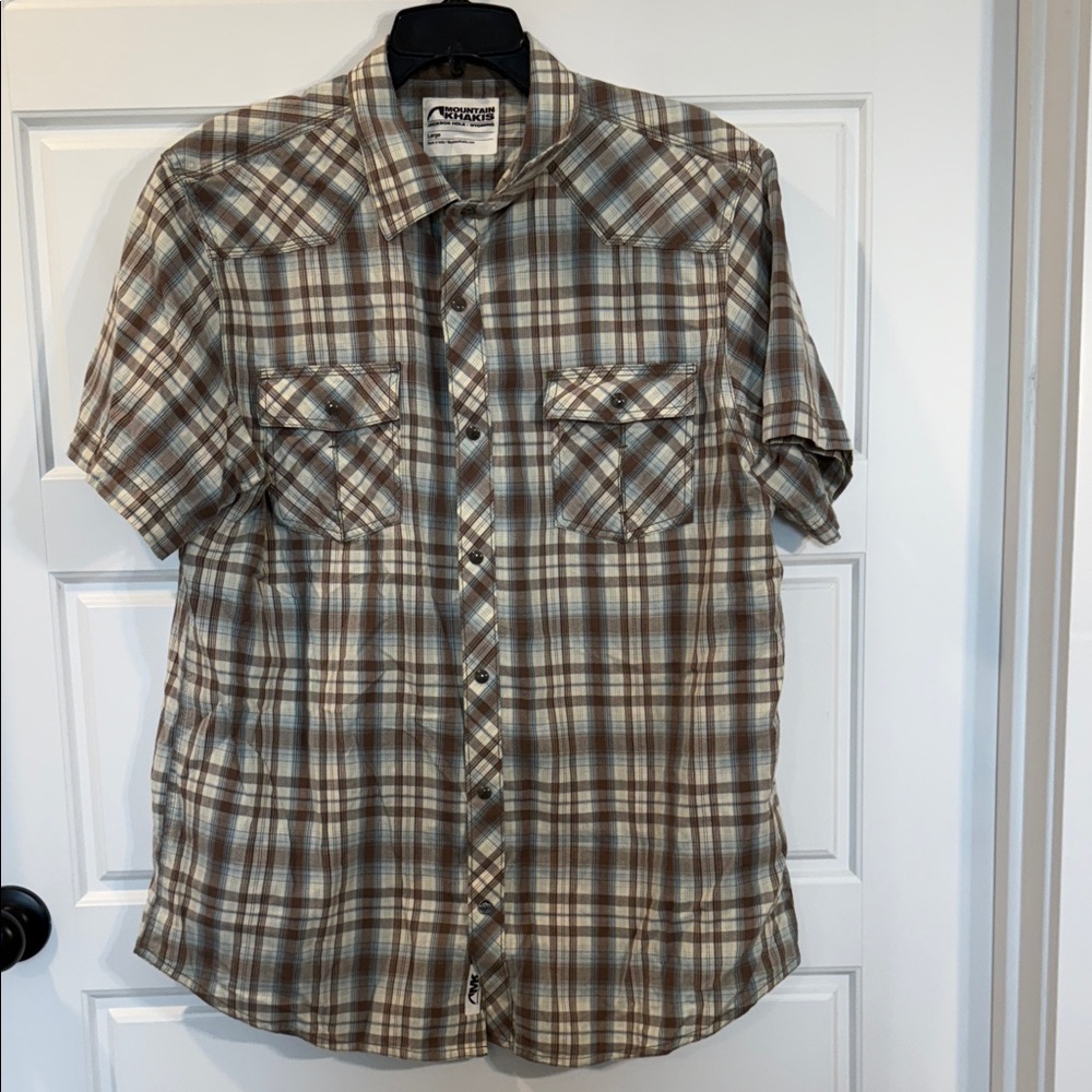 Mountain Khakis Shirt Brown Plaid Pearl Snap Outdoor Hiking Casual large